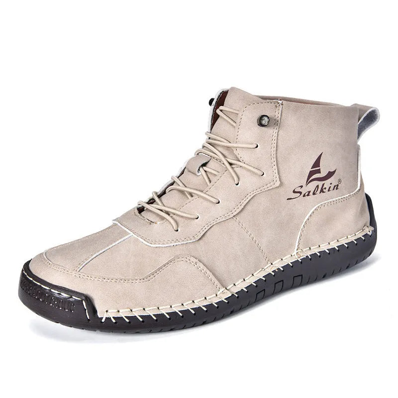 Men's retro-style high-top casual boots in frosted PU leather with elastic band closure and round toe.