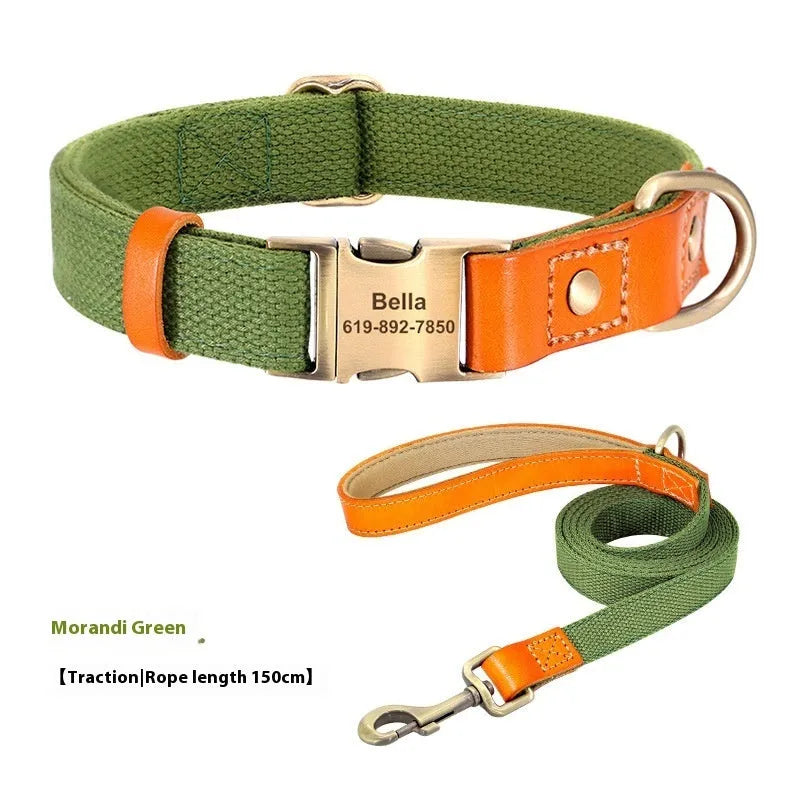 Small dog wearing handmade mohair collar with matching traction rope in green with embroidered lettering