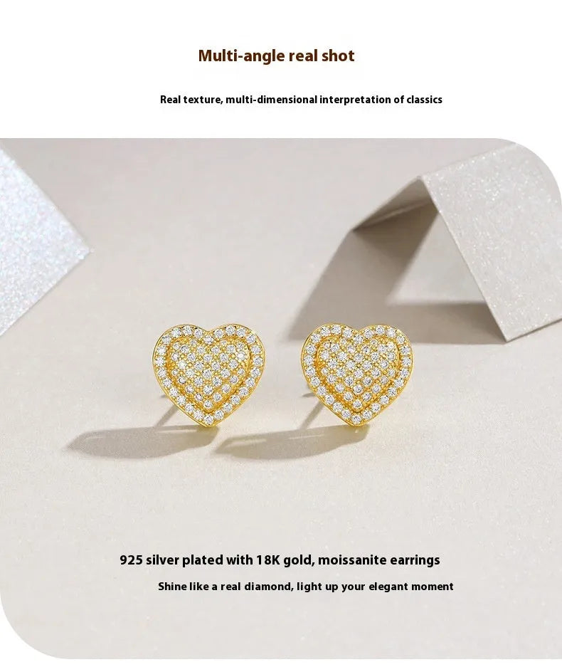 Golden heart-shaped stud earrings with moissanite centre on S925 silver posts