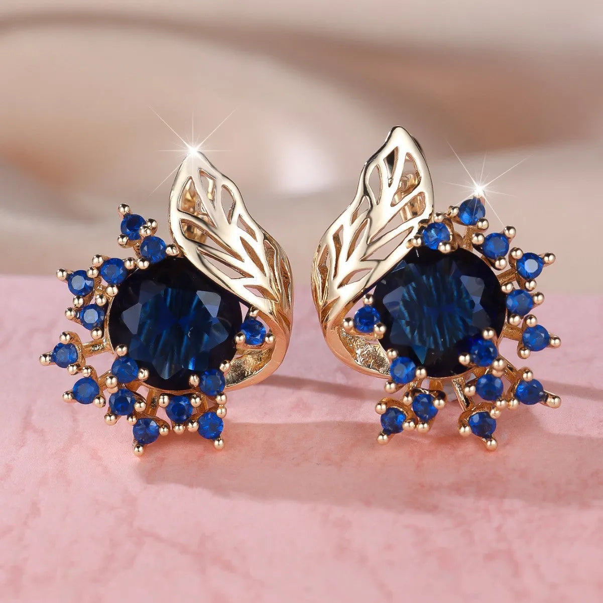 Round floral feather zircon earrings in rose gold with coloured diamond options