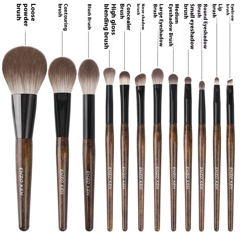 12-piece makeup brush set with wooden handles in portable PU brush roll