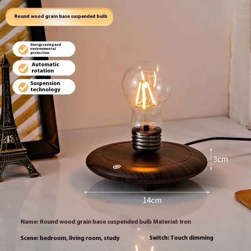 Suspension bulb creative small night lamp with iron art construction and wooden grain base
