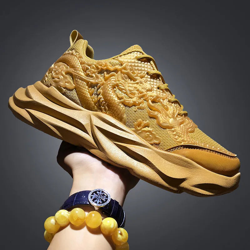 Casual sneakers with Chinese dragon artwork on breathable fly knit material and rubber soles