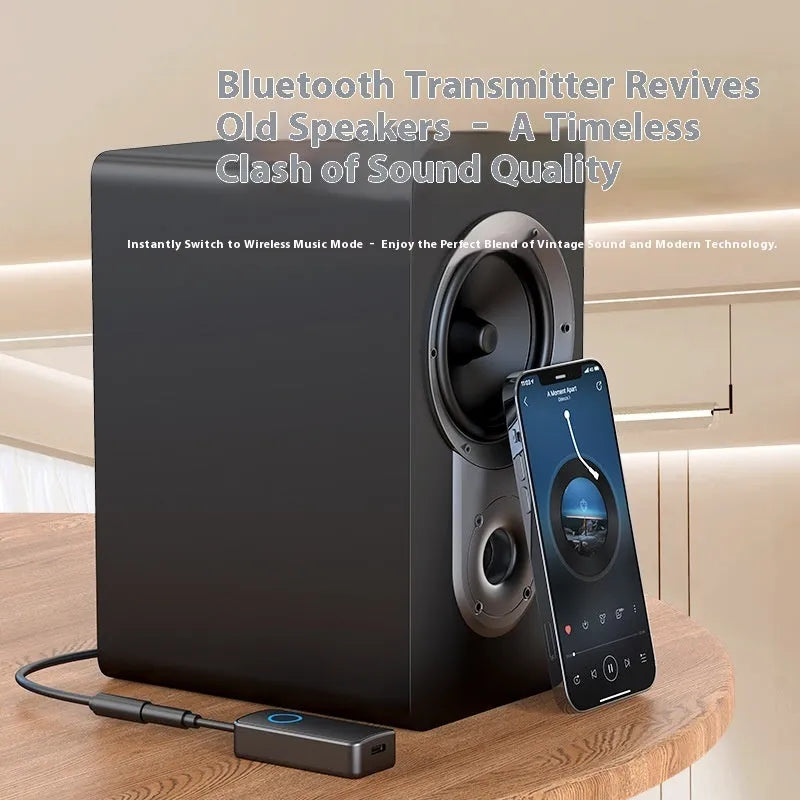 Black Bluetooth 5.4 audio adapter with flexible 3.5mm plug for wireless connectivity.