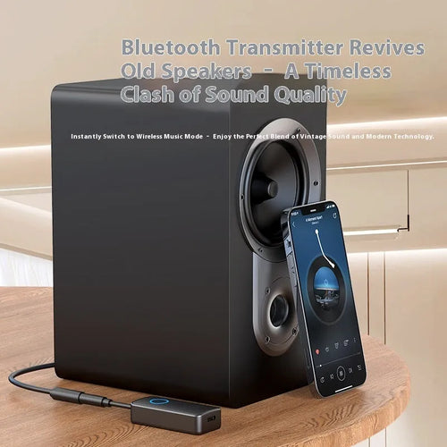 Black Bluetooth 5.4 audio adapter with flexible 3.5mm plug for wireless connectivity.