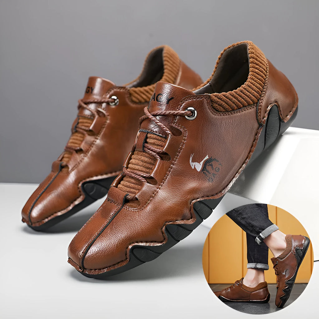 Men's solid colour lace-up casual sneakers with car stitching, blue upper, side view
