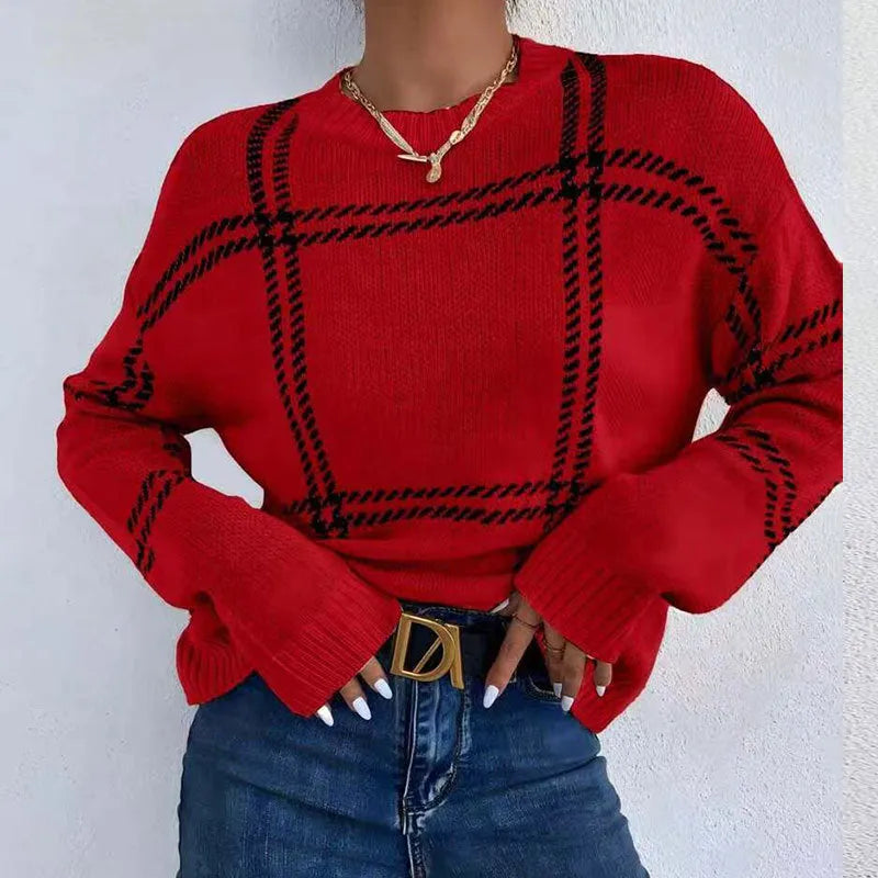 Women's plaid colour-block crew neck sweater in acrylic fabric with medium thickness