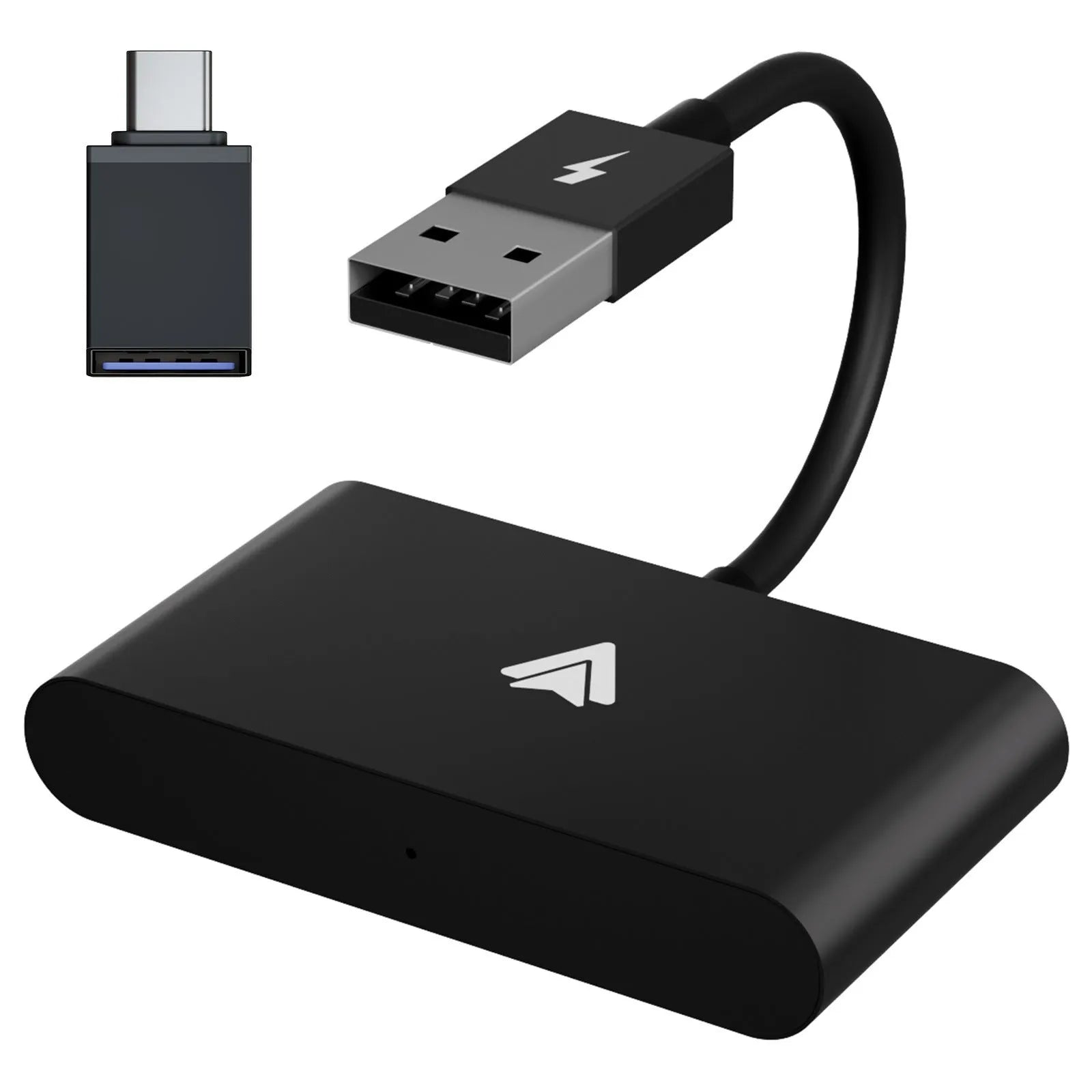 Black wireless Android Auto car adaptor connected to a car USB port with a smartphone displaying a navigation app wirelessly.