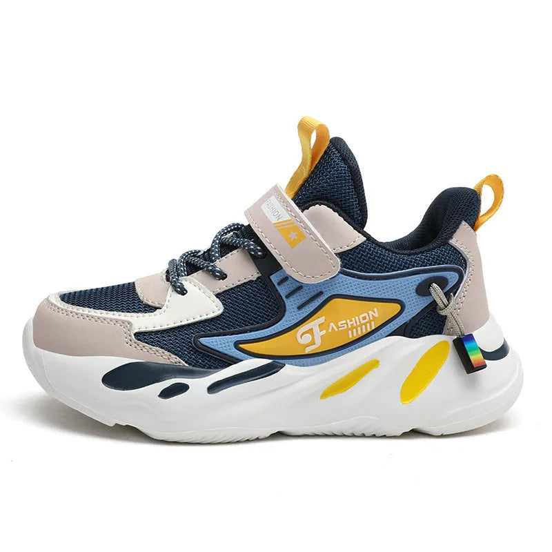 Boys dark blue and black Velcro sports running shoes with a breathable mesh upper