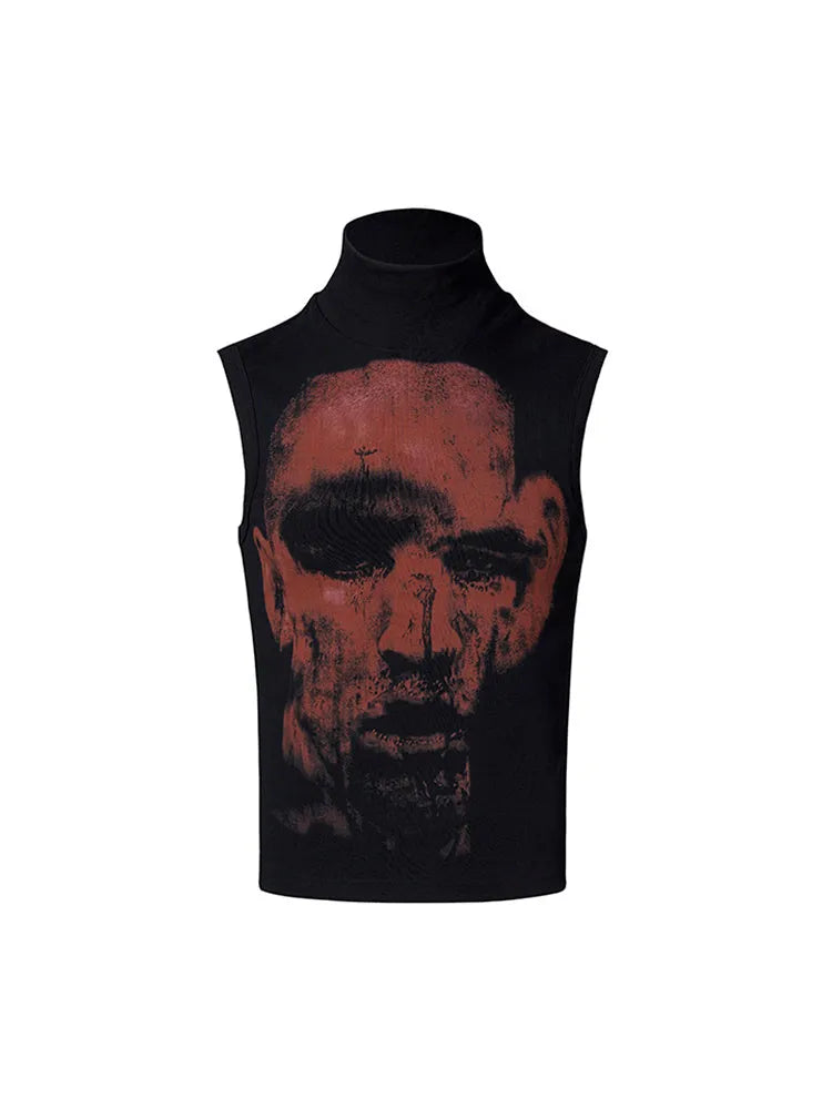 Black half-turtleneck slim-fit sleeveless t-shirt with a printed character design on the front.
