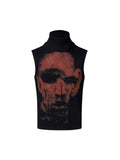 Black half-turtleneck slim-fit sleeveless t-shirt with a printed character design on the front.