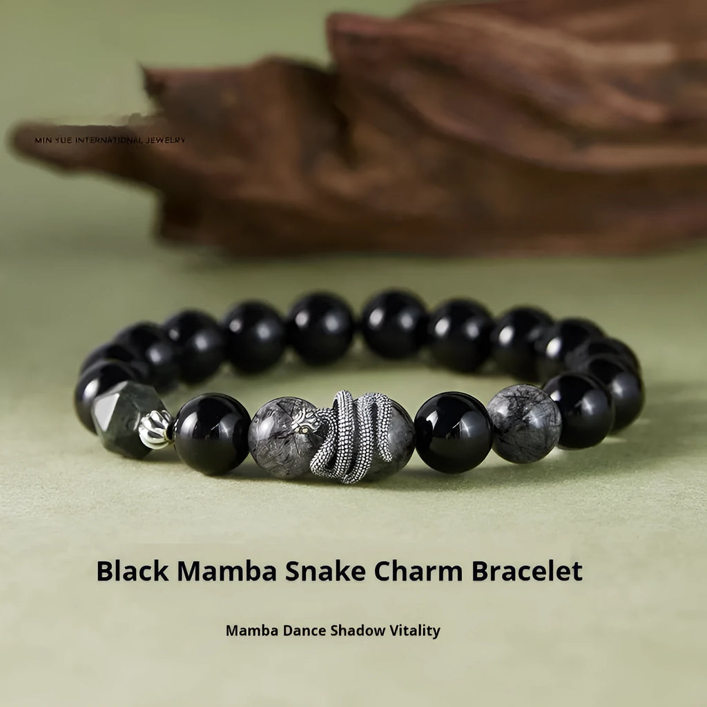 S925 sterling silver bracelet with black electroplated finish featuring obsidian and snake zodiac design