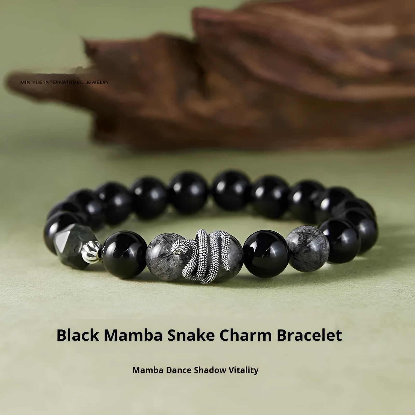 S925 sterling silver bracelet with black electroplated finish featuring obsidian and snake zodiac design