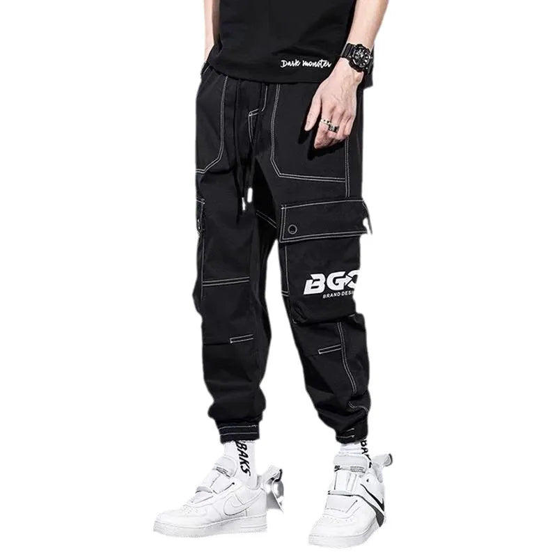 Men's loose fit polyester solid colour trousers in black or gray, autumn casual style, size S to 5XL