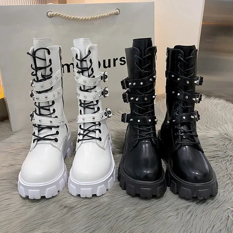 Women's punk mid boots in white with buckle, lace-up front, side zip, round toe, and artificial PU upper