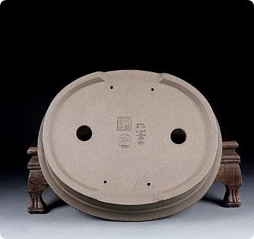 Handmade antique oval bonsai pot in purple sand pottery measuring 25x21x6.3cm