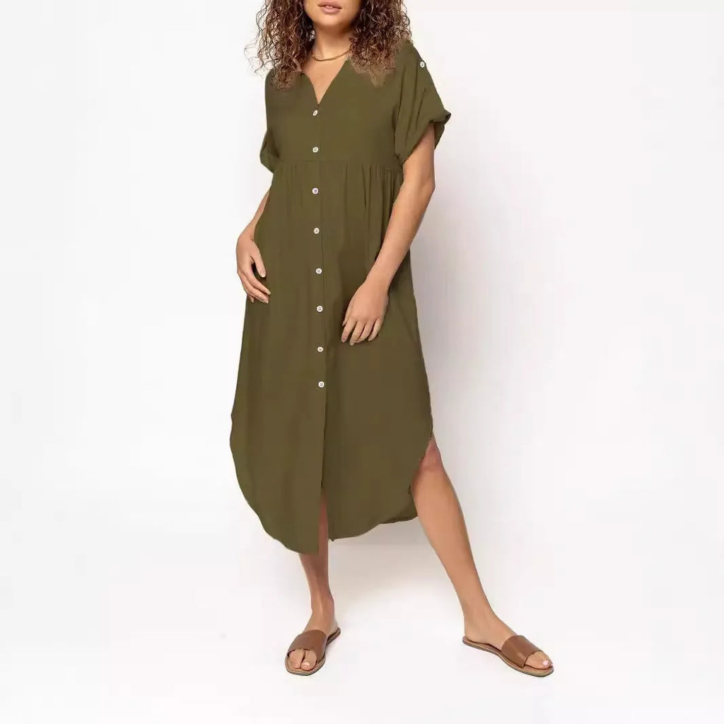 Loose-fitting casual solid colour button dress in a mid-length style on a hanger.
