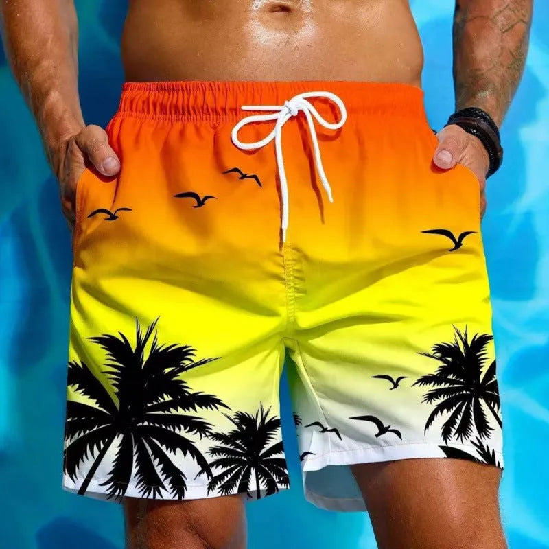Men's loose board swimming trunks in an ethnic style, made from blue polyester fabric, shown on a size chart.