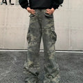 Korean style washed camouflage cargo trousers on a hanger, showing multiple pockets and mid waist design.