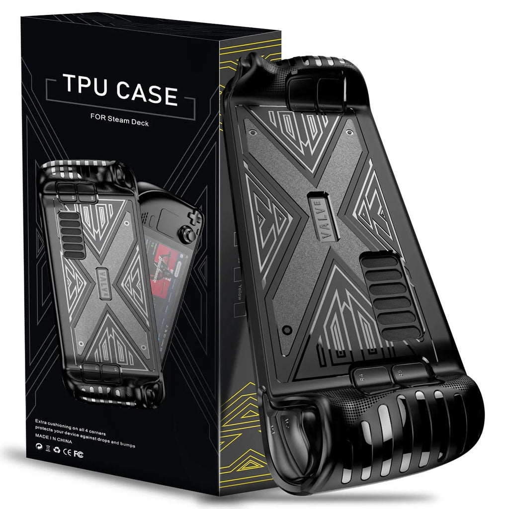 Soft black TPU silicone protective case for a Steam Deck game console.