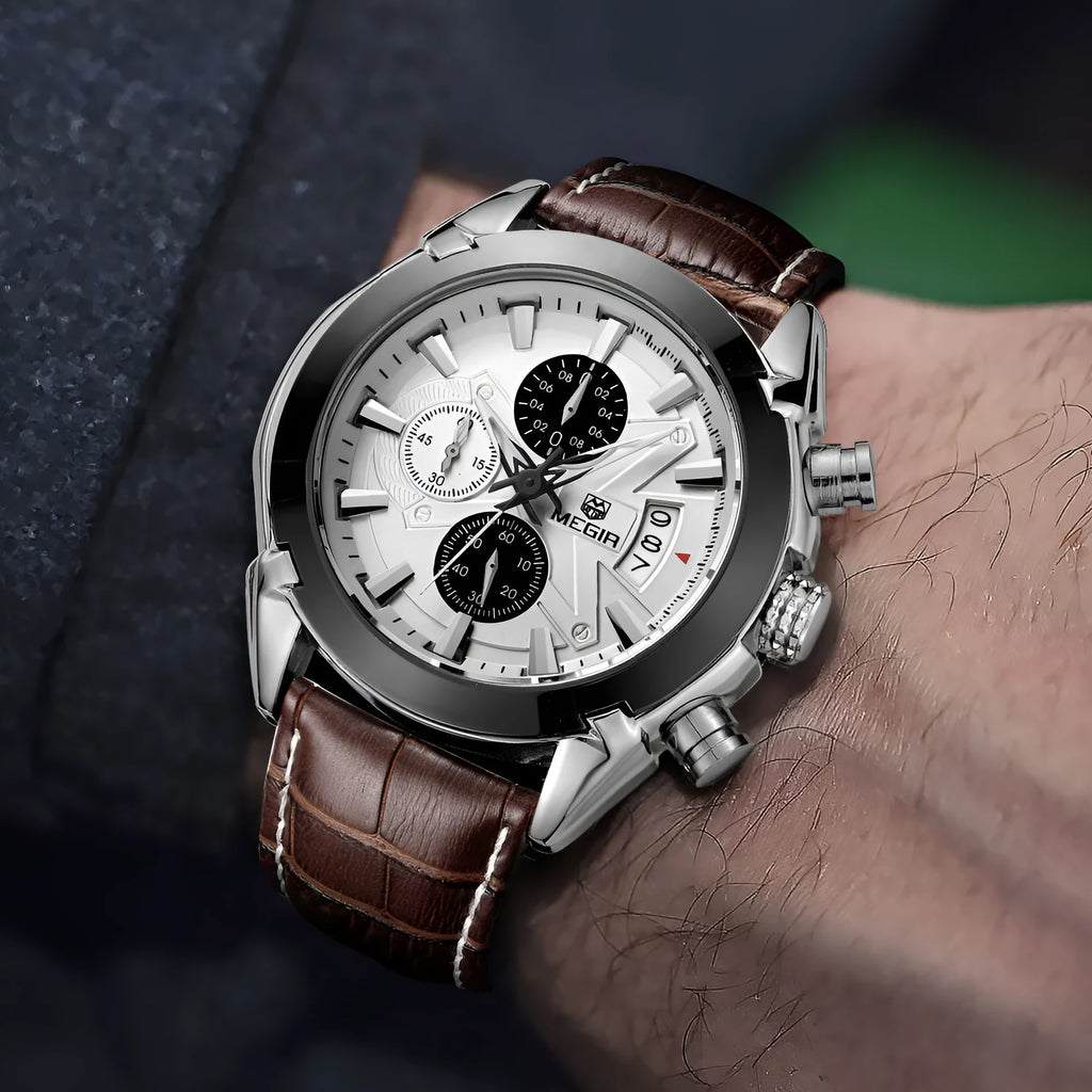 Men's multifunctional quartz watch with three subdials, six hands, luminous display, waterproof case