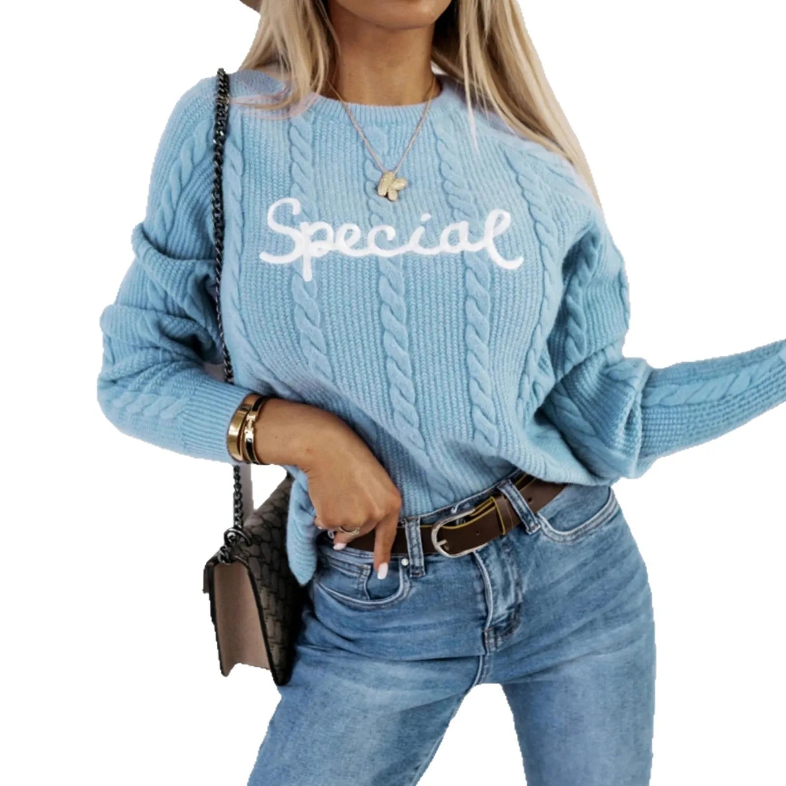 Blue leisure pullover with embroidered letters crew neck street fashion jumper