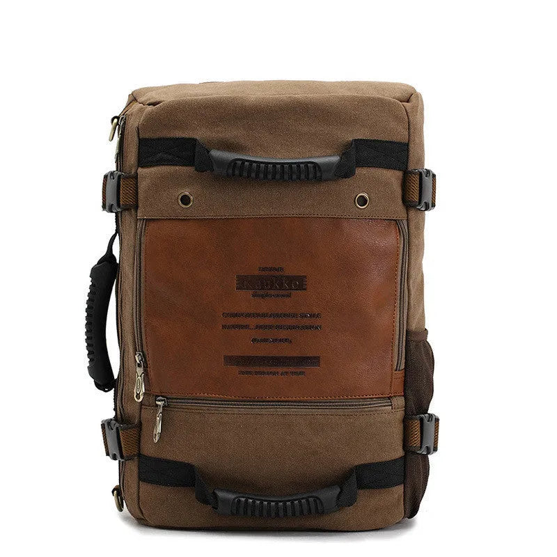 Canvas men backpack with computer pocket, side pocket, and three shoulder straps