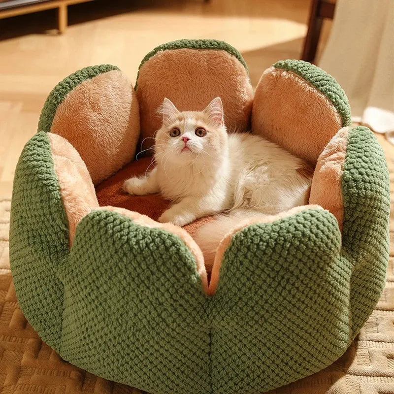 Cactus petal shape pet bed in plush material with sheltered design and non-slip base