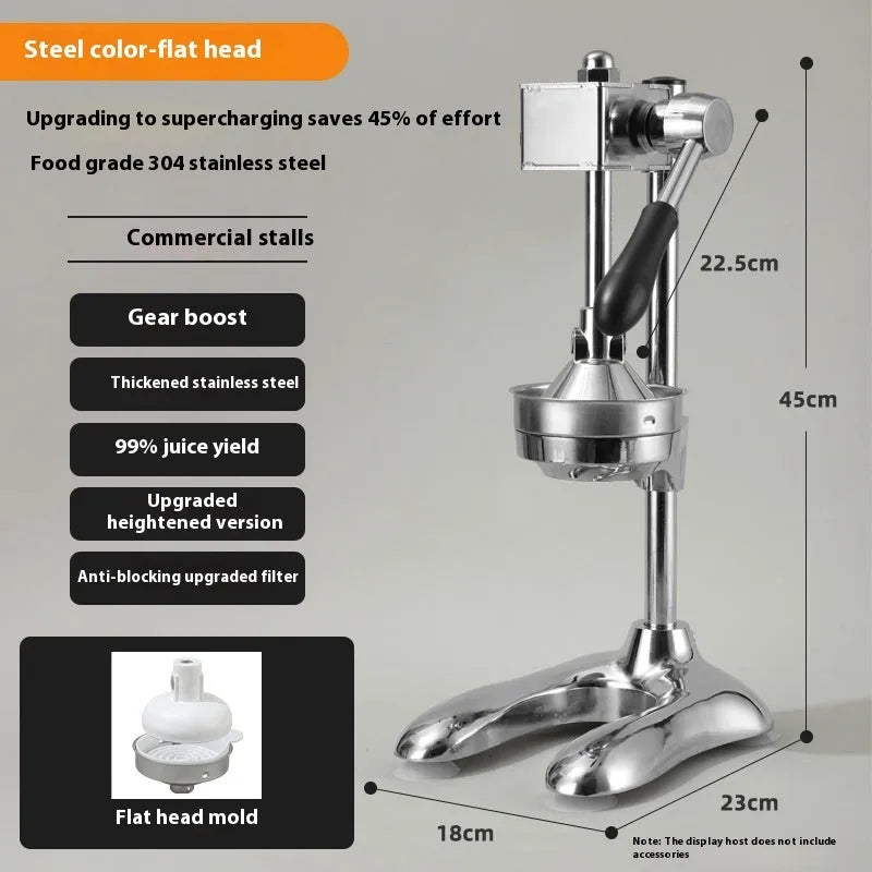 Vertical stainless steel manual juicer showing colour options and tip style variations
