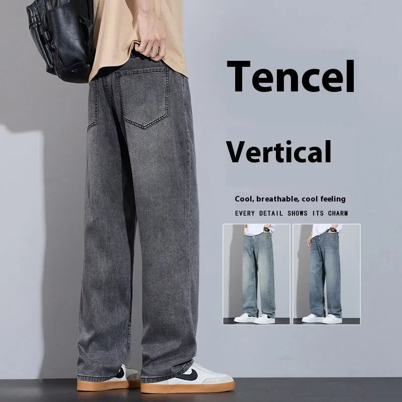 Straight-leg denim trousers in UK2560 blue with wide-leg silhouette and zip fly opening