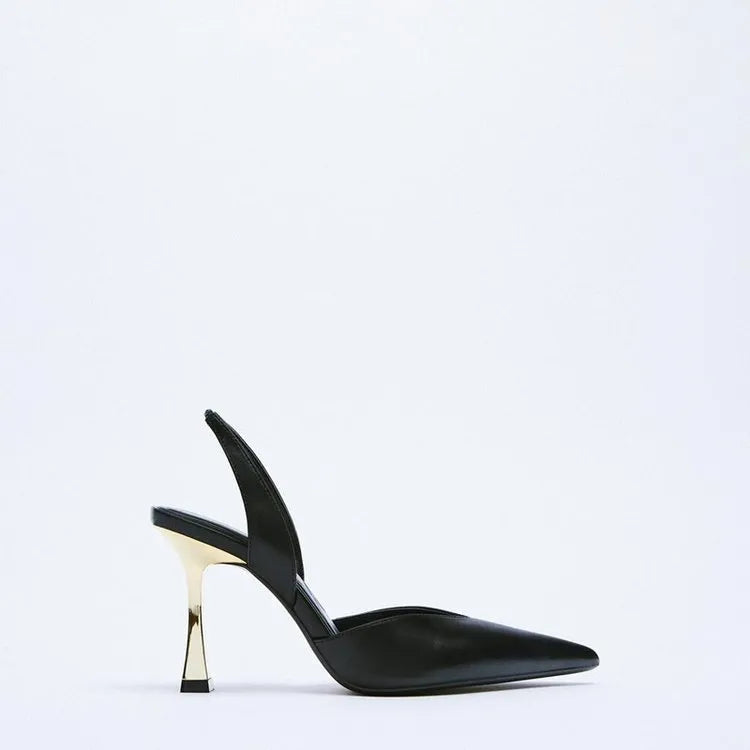 Women's pointed high heels in patent leather, shown in apricot and black colours, featuring a shallow mouth design.