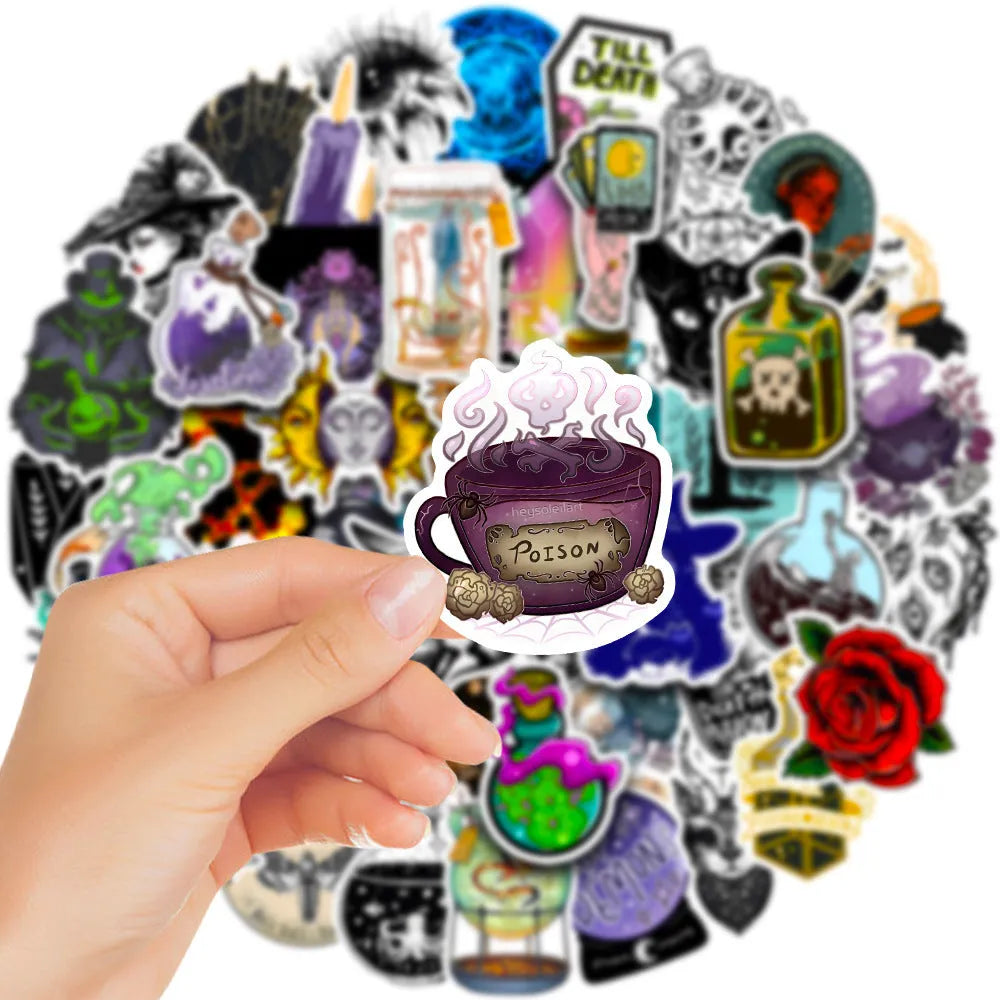 Assorted colourful waterproof PVC stickers for laptops and smooth surfaces, sizes 3 to 8 cm.
