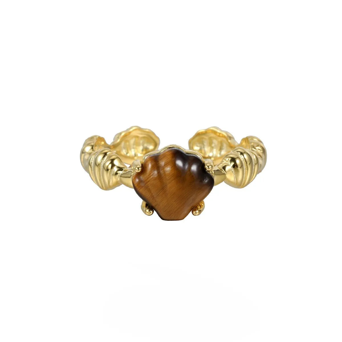 Adjustable silver ring with carved shell tiger eye motif in white gold or 18K gold electroplating