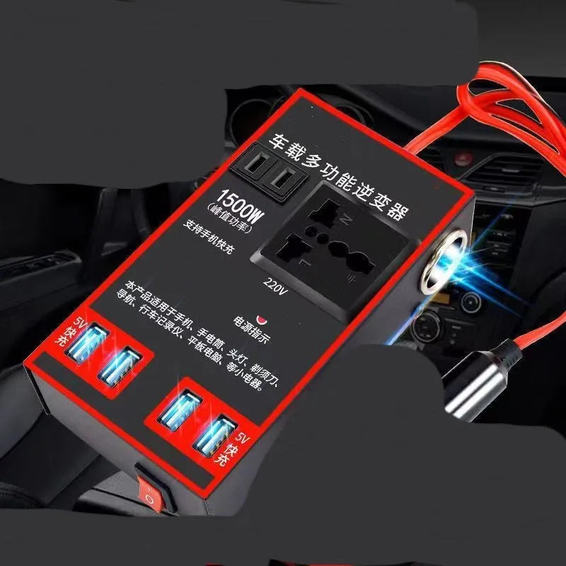 Black 150W car power converter with 220V socket and four USB charging ports