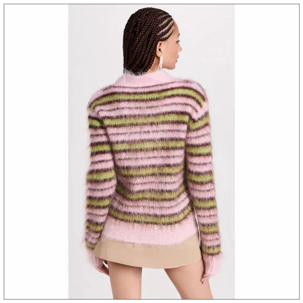 Pink Haima wool knitted cardigan sweater with regular sleeves and napped texture