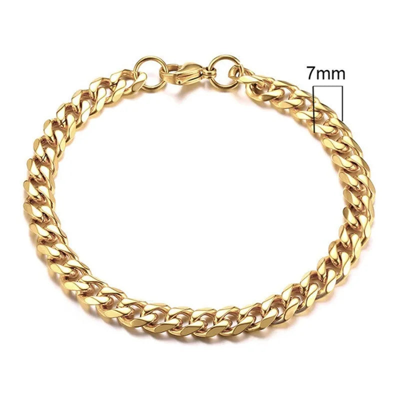 Gold six-sided Cuban link metal bracelet shown in various widths and colour options.