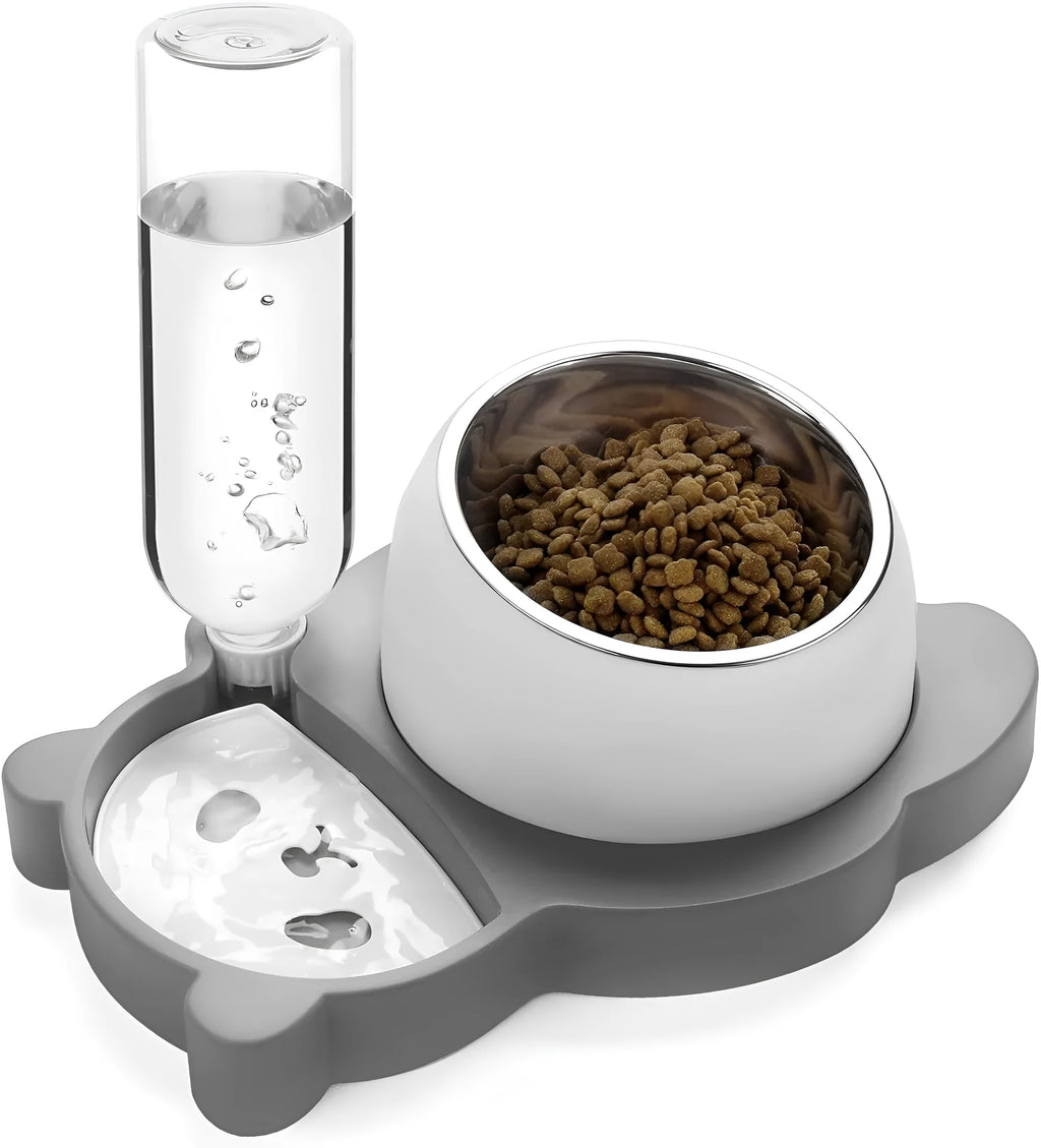 Grey panda-shaped pet feeder with automatic water bottle and tilted stainless steel bowls