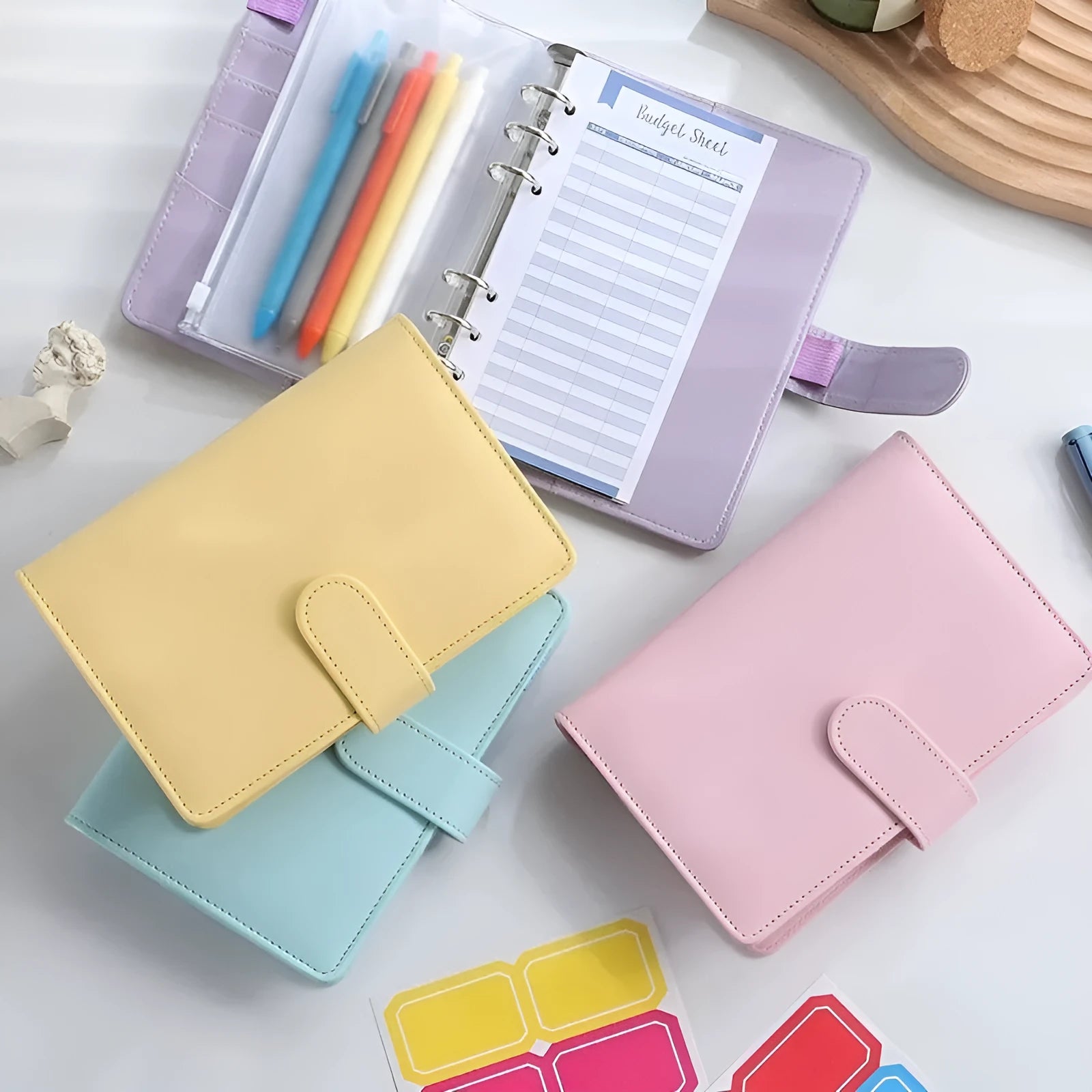 A5 PU leather loose-leaf binder shell with zipper closure shown in various colours.