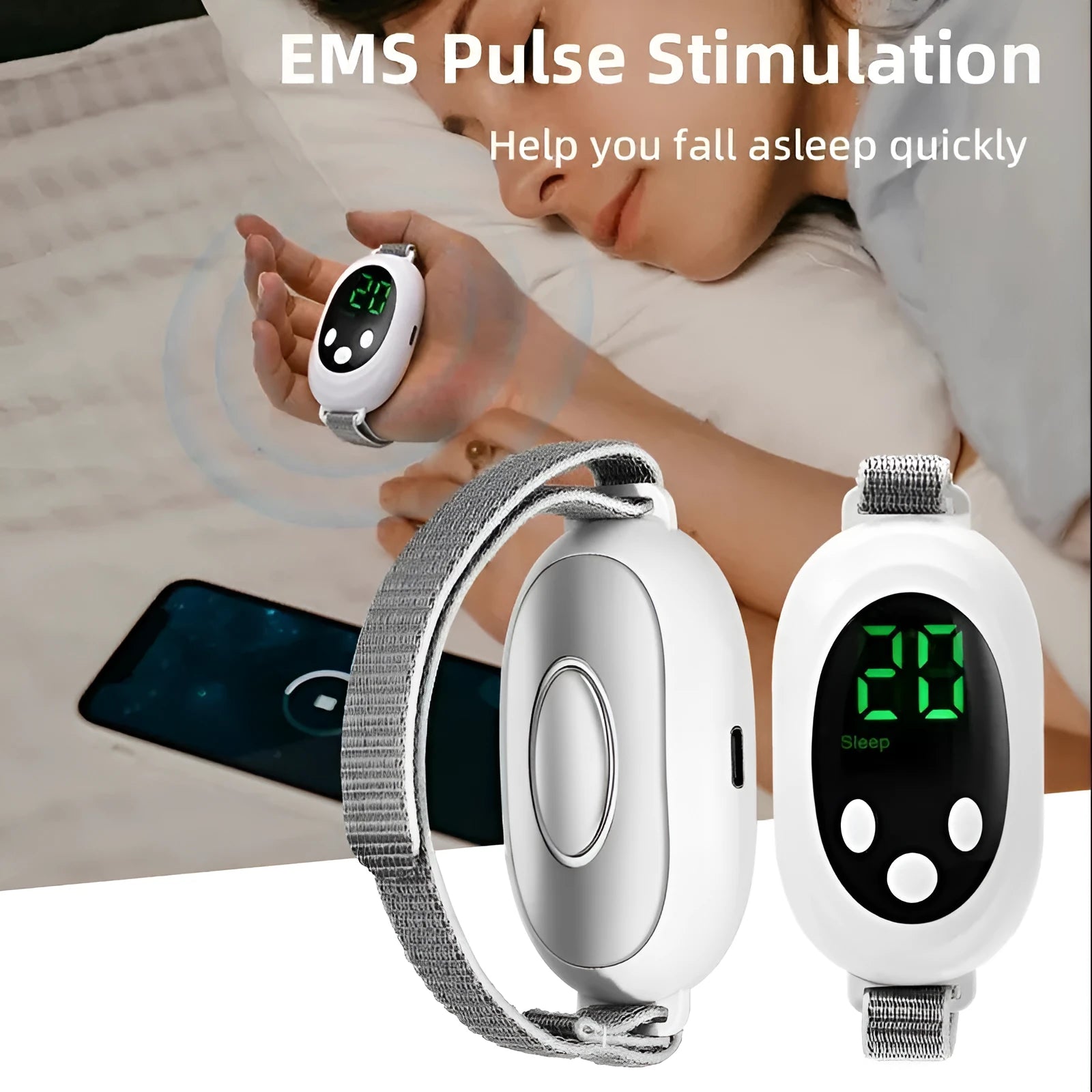 White electronic sleep aid device with handheld remote control showing 20 intensity settings and USB charging port
