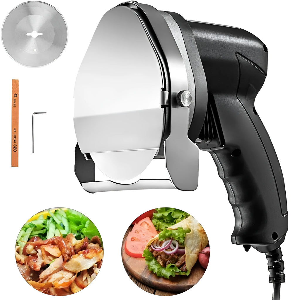 Black electric meat cleaver machine with EU plug and included cleaver accessory on a countertop.