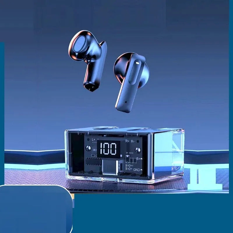 Transparent space capsule case Bluetooth earbuds with digital display showing black, white, light blue, green, and peach colour options