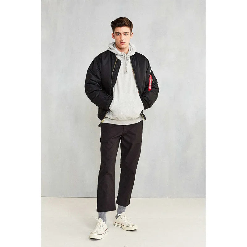 Men's olive green loose-fit cotton-padded pilot jacket with a zip front and workwear styling.
