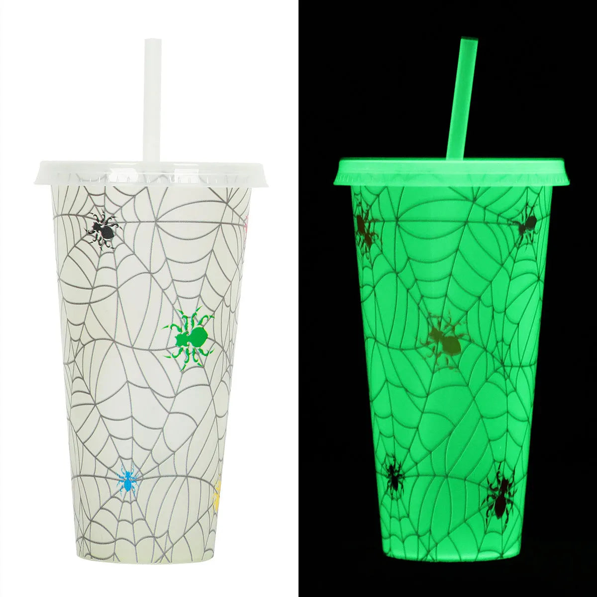 Halloween luminous plastic sippy cup with straw, 720ml capacity, cylindrical shape