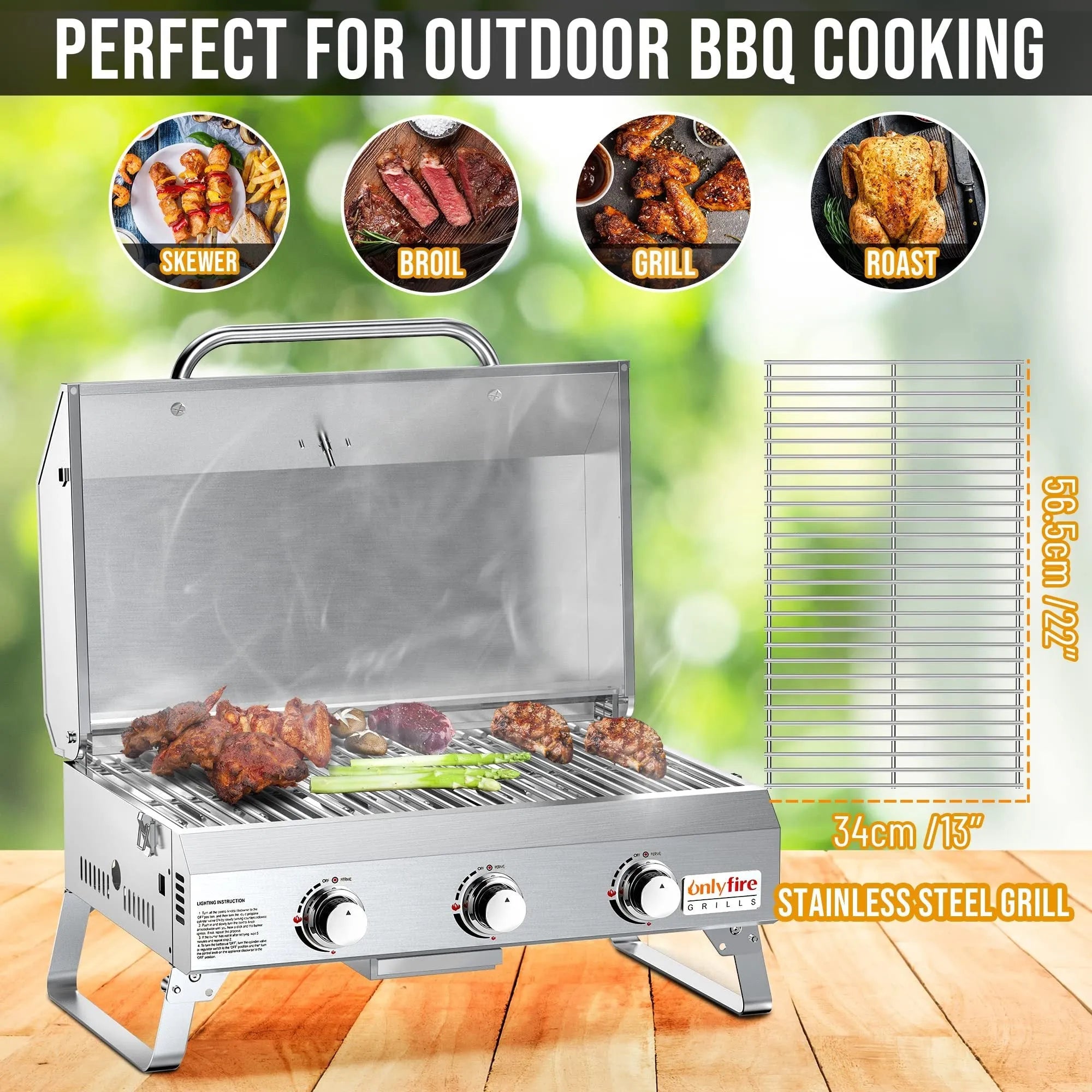 Silver portable desktop gas barbecue grill with three burners and foldable legs.
