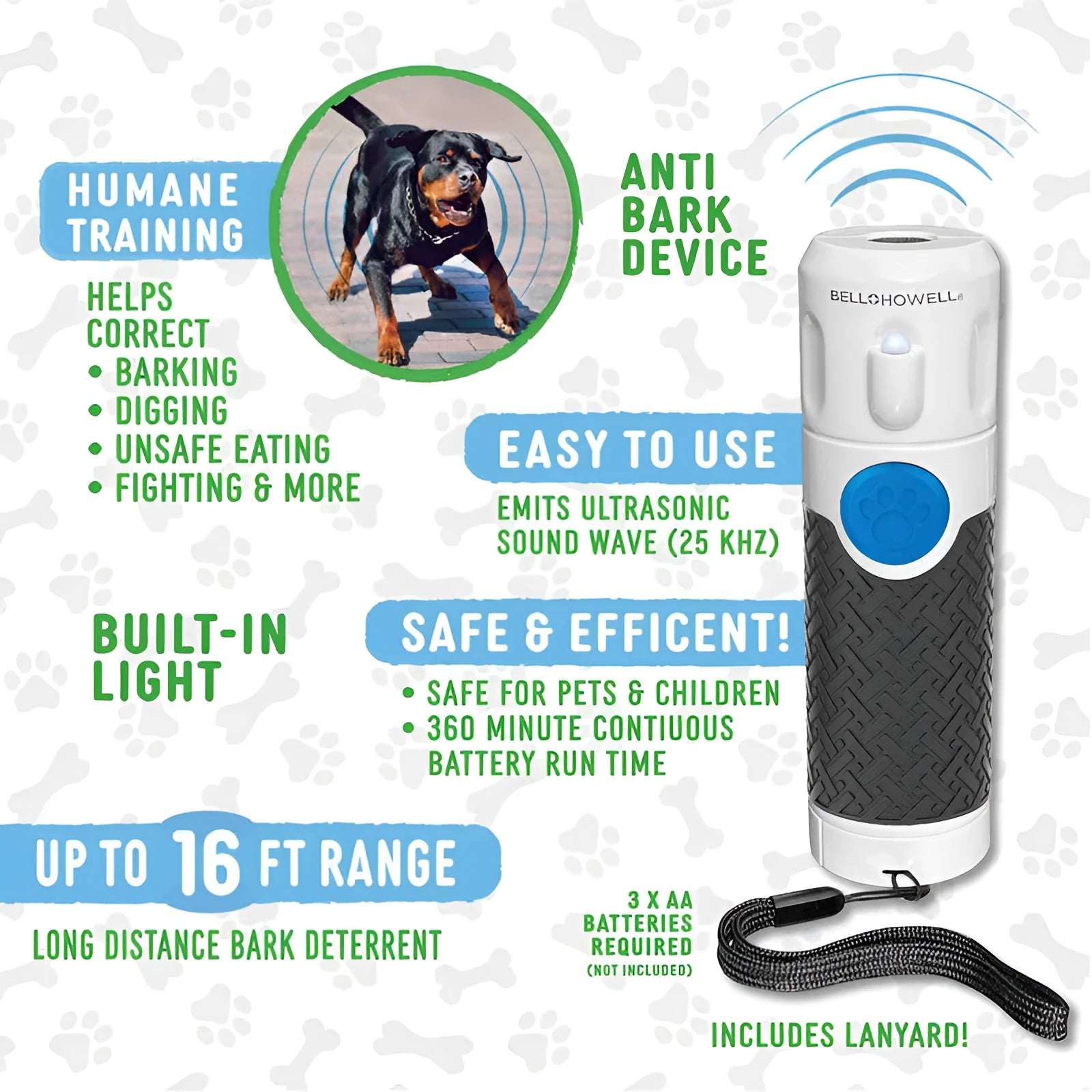 White handheld ultrasonic dog trainer device for bark control on a plain background.