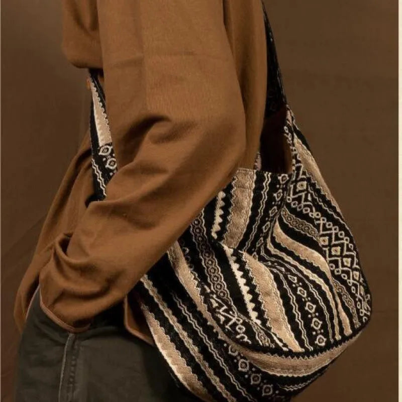 Corduroy jacquard vintage striped messenger bag with adjustable plaid shoulder strap