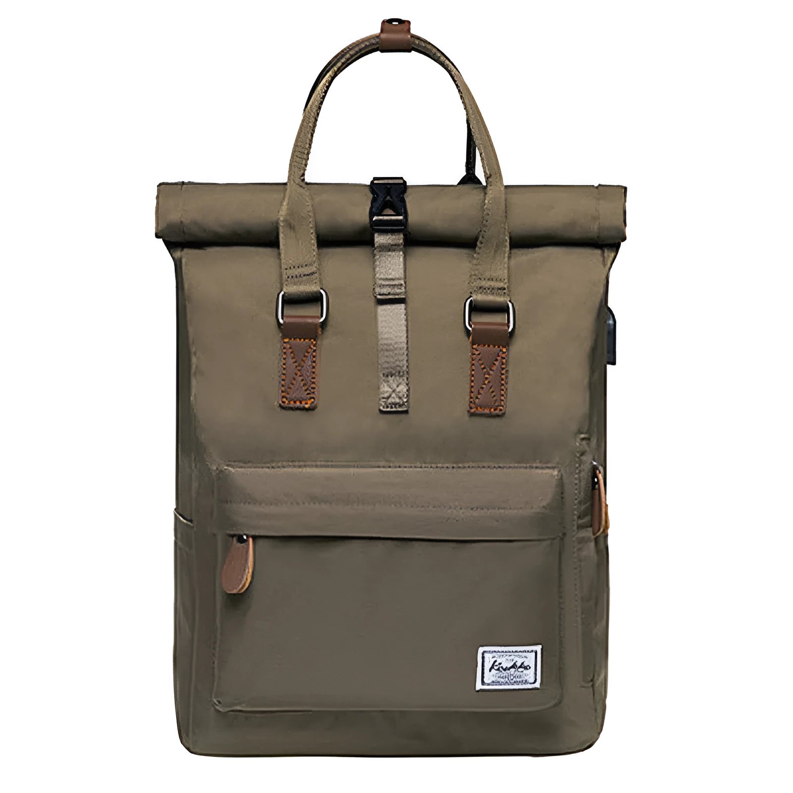 Black casual polyester backpack showing front view with cover flap and adjustable shoulder straps.