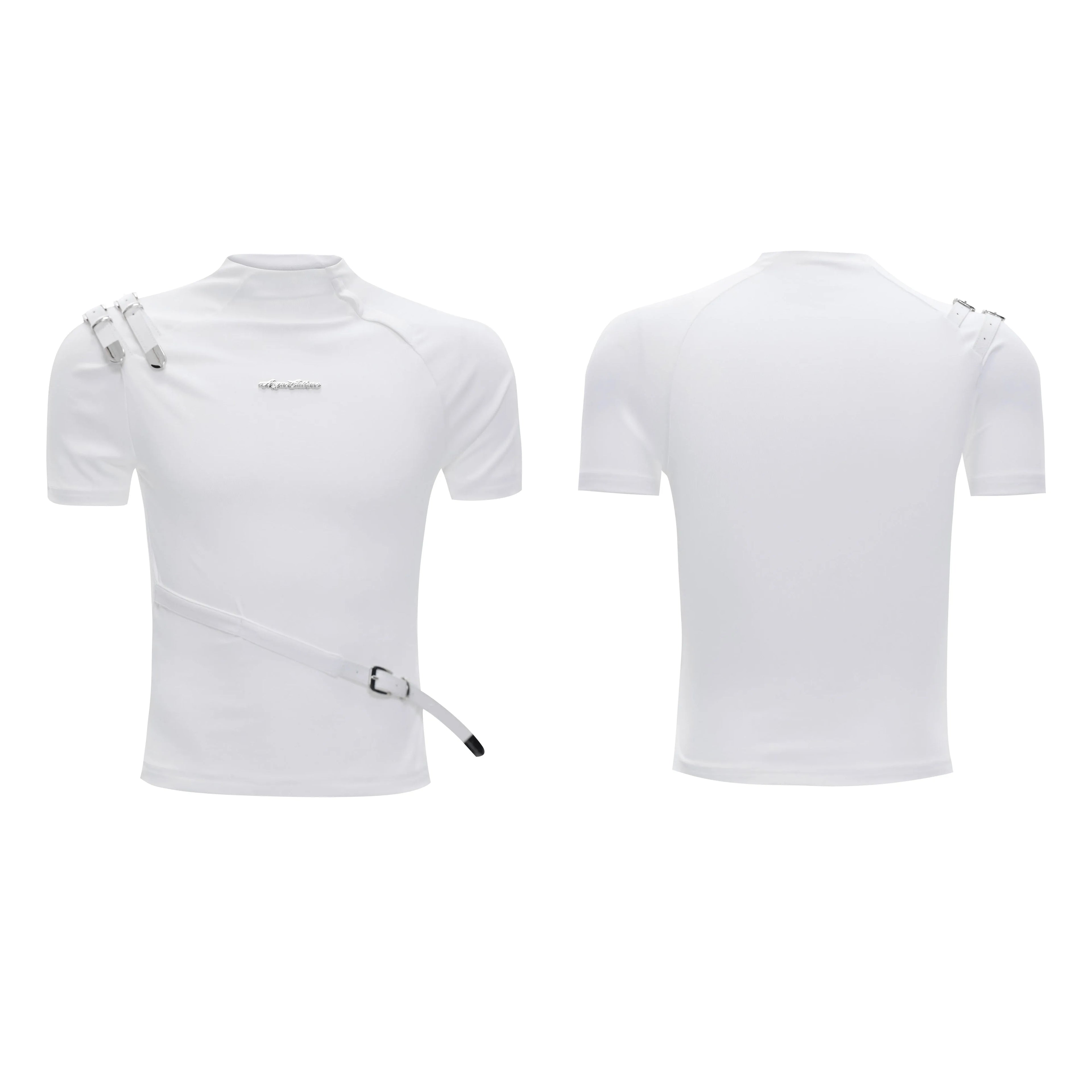 Men's slim fit cotton T-shirt with metal belt design and small stand-up collar in black and white colours