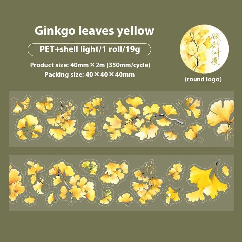 Roll of decorative leaf pattern stickers for hand account books showing six different natural designs including ginkgo and maple leaves