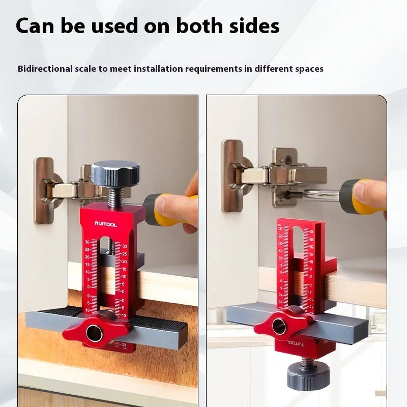 Aluminium alloy cabinet door installation aid tool for woodworking.